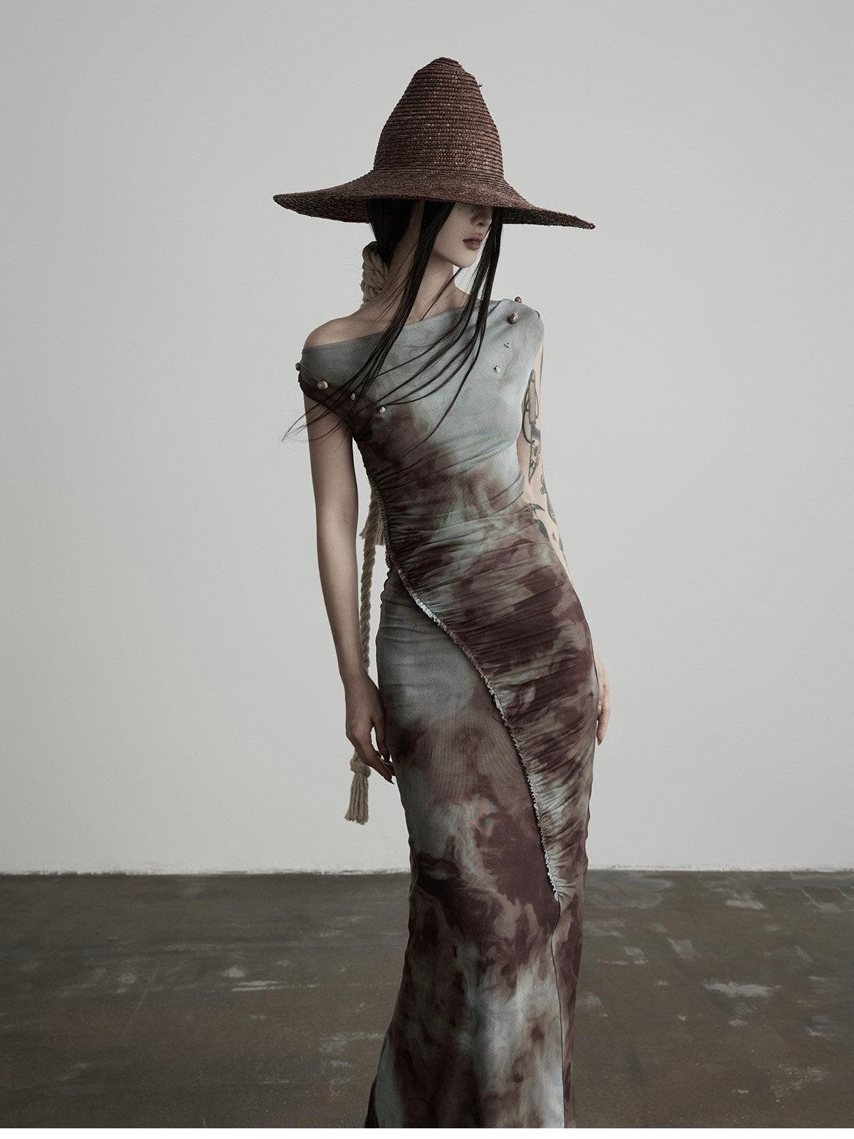 INDULGE Beaded Printed Mesh Asymmetric One Shoulder Women&