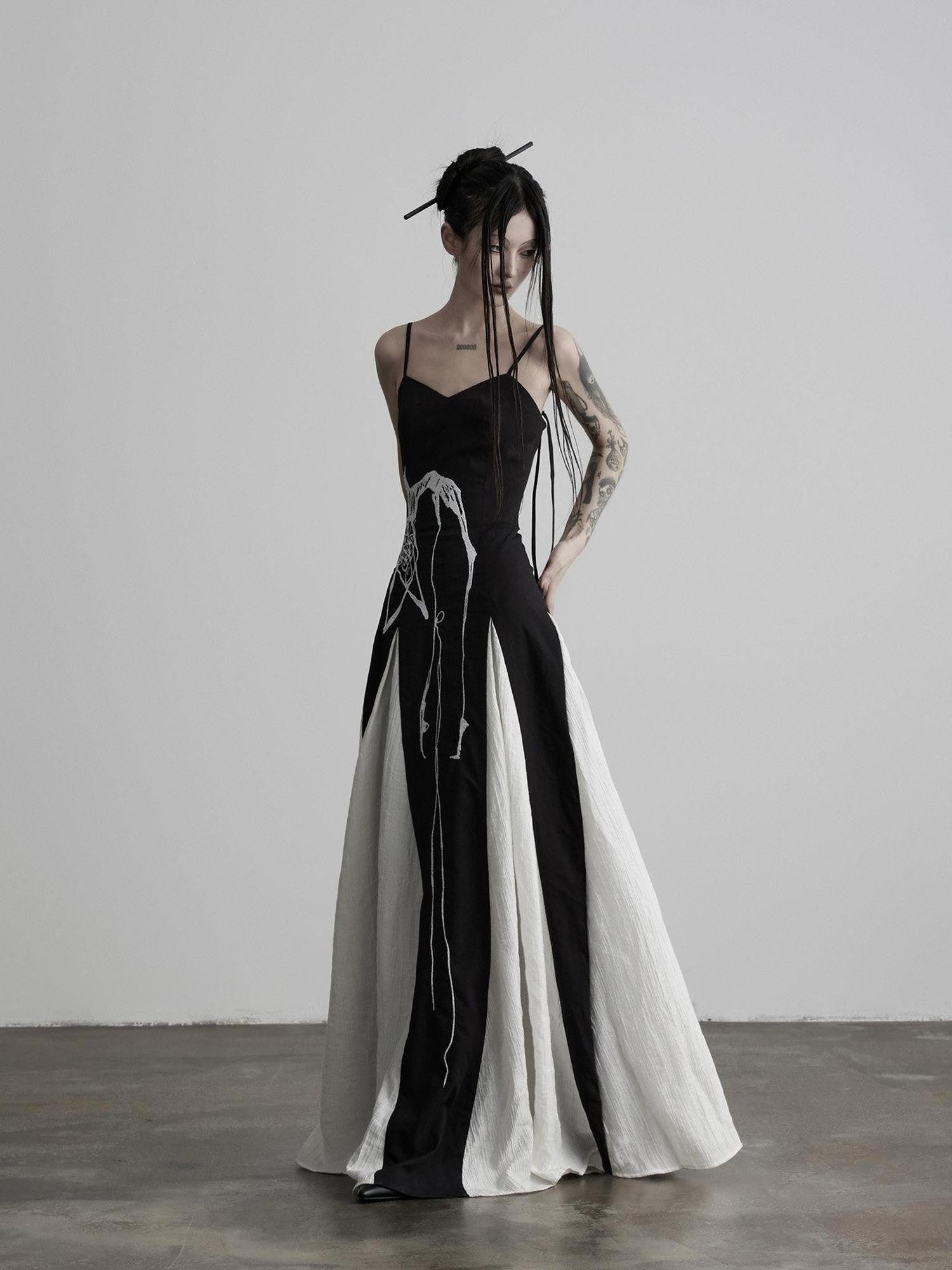 INDULGE Black Animal Embroidery Strappy A Line Women&