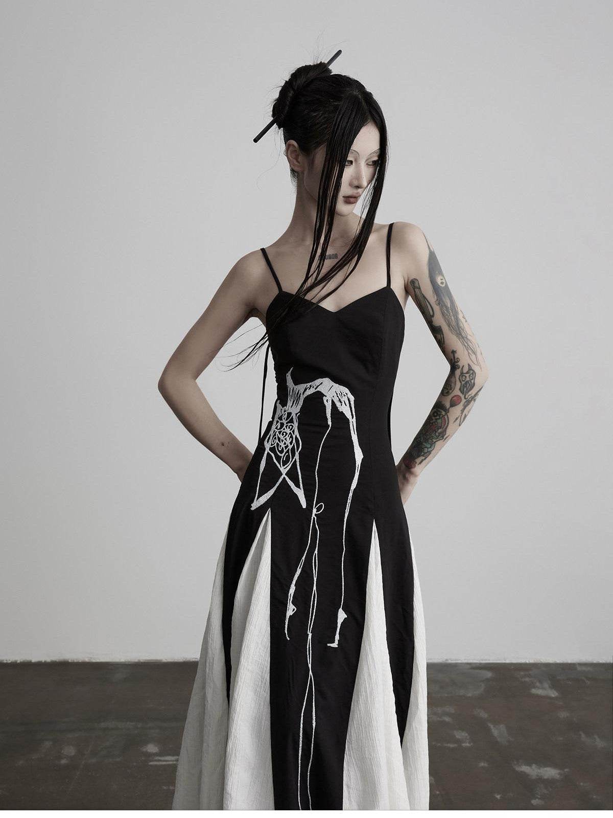 INDULGE Black Animal Embroidery Strappy A Line Women&