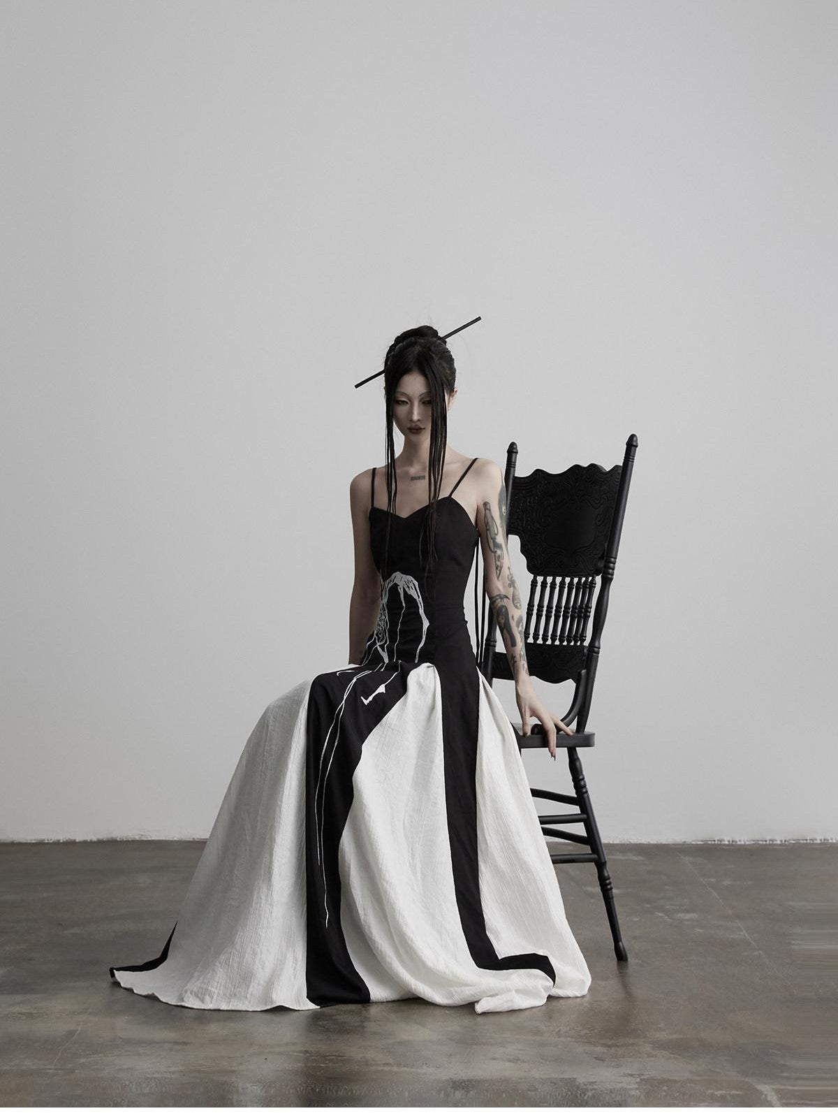 INDULGE Black Animal Embroidery Strappy A Line Women&