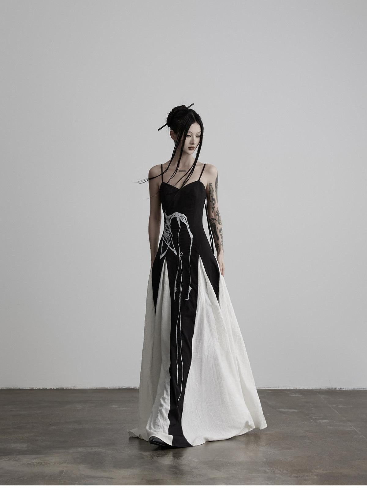 INDULGE Black Animal Embroidery Strappy A Line Women&