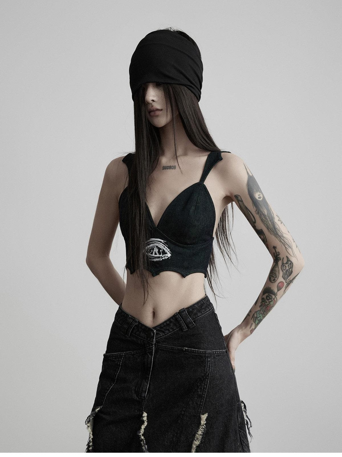 INDULGE Black Devil Wing Embroidered V-neck Women&
