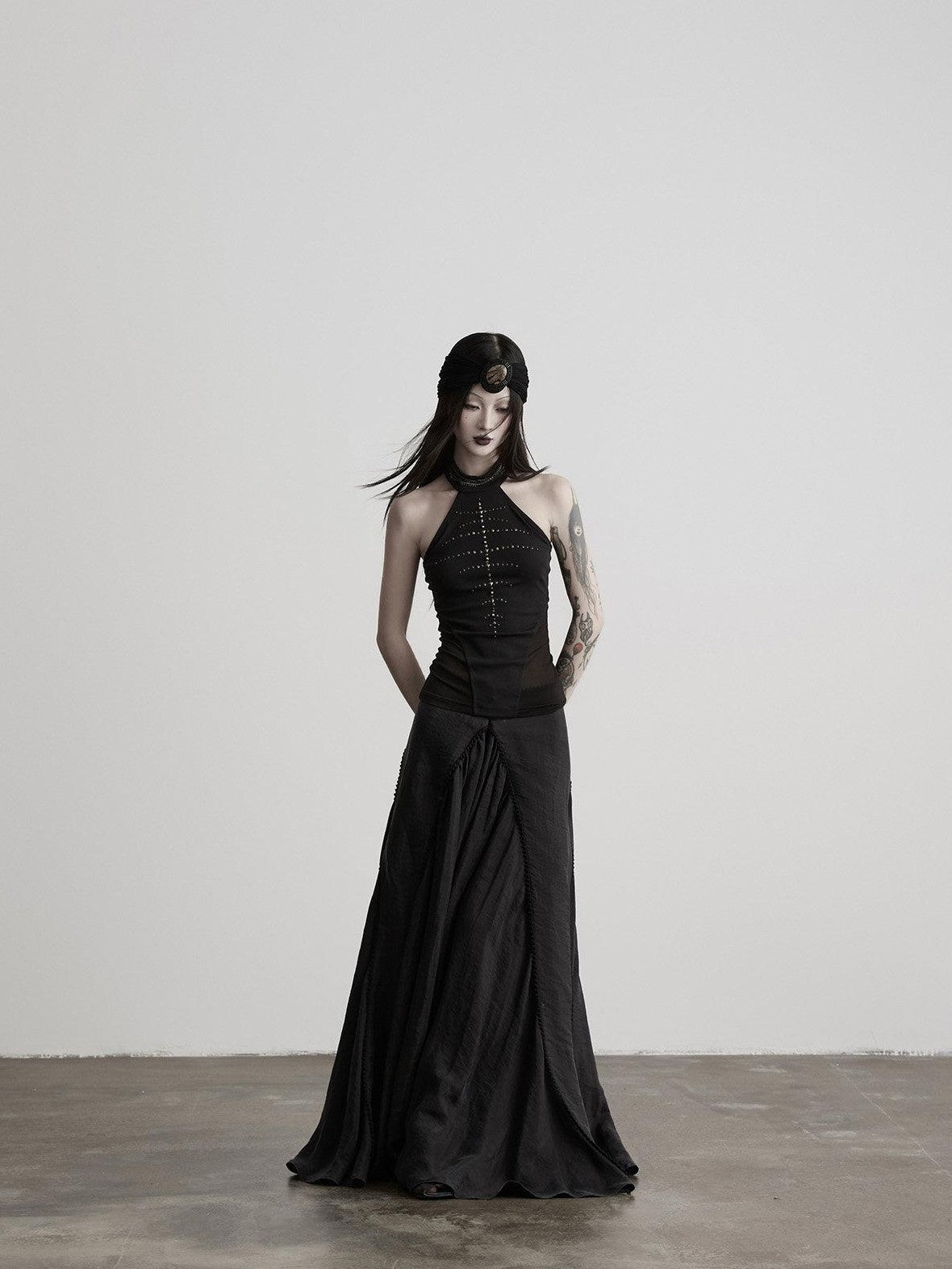INDULGE Black Mesh Hand Beaded Cutout Cropped Women&
