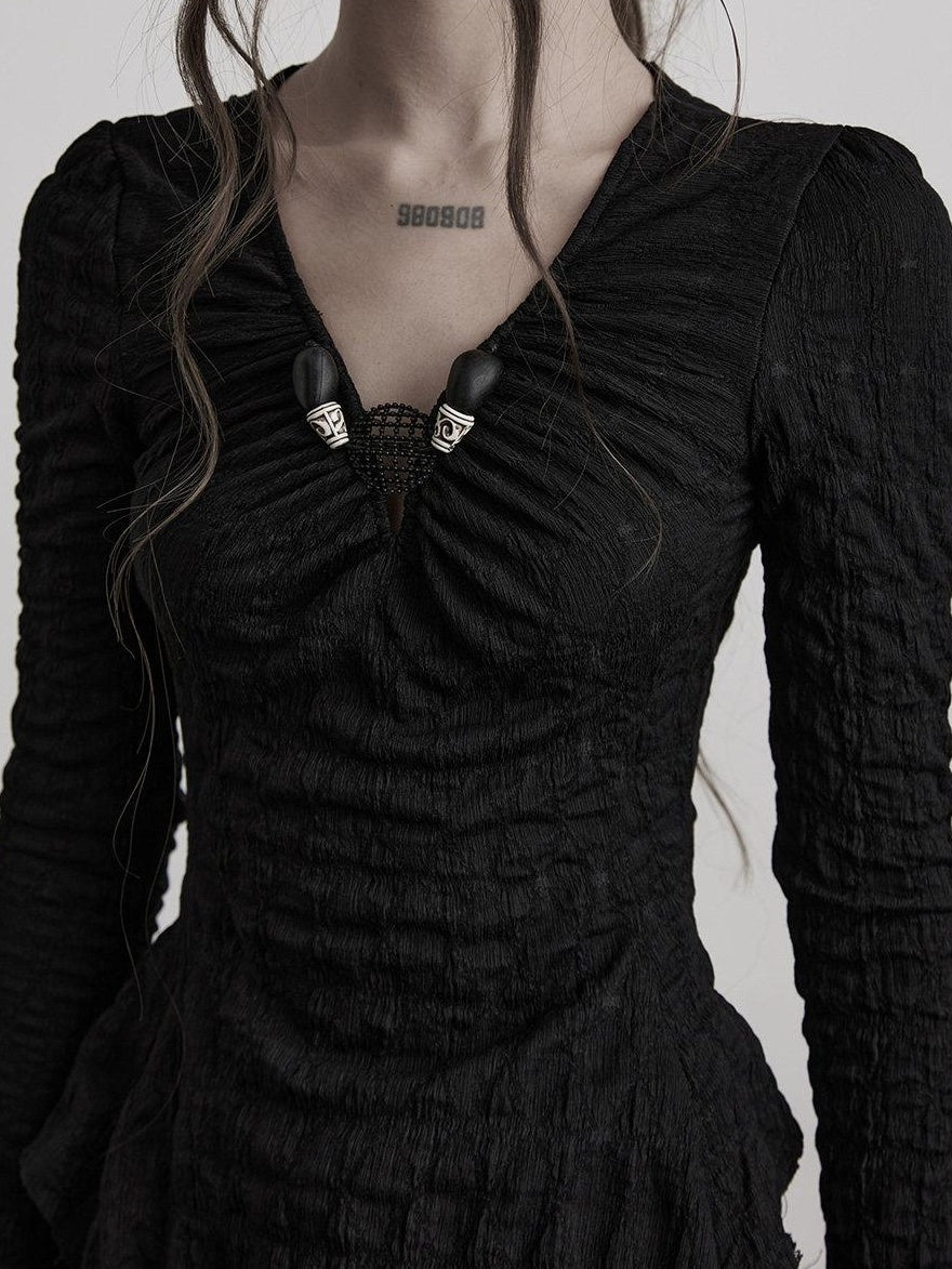 INDULGE Breathable Casual Slim Pleated V-neck Women Black Polyester Long Sleeve T-Shirts