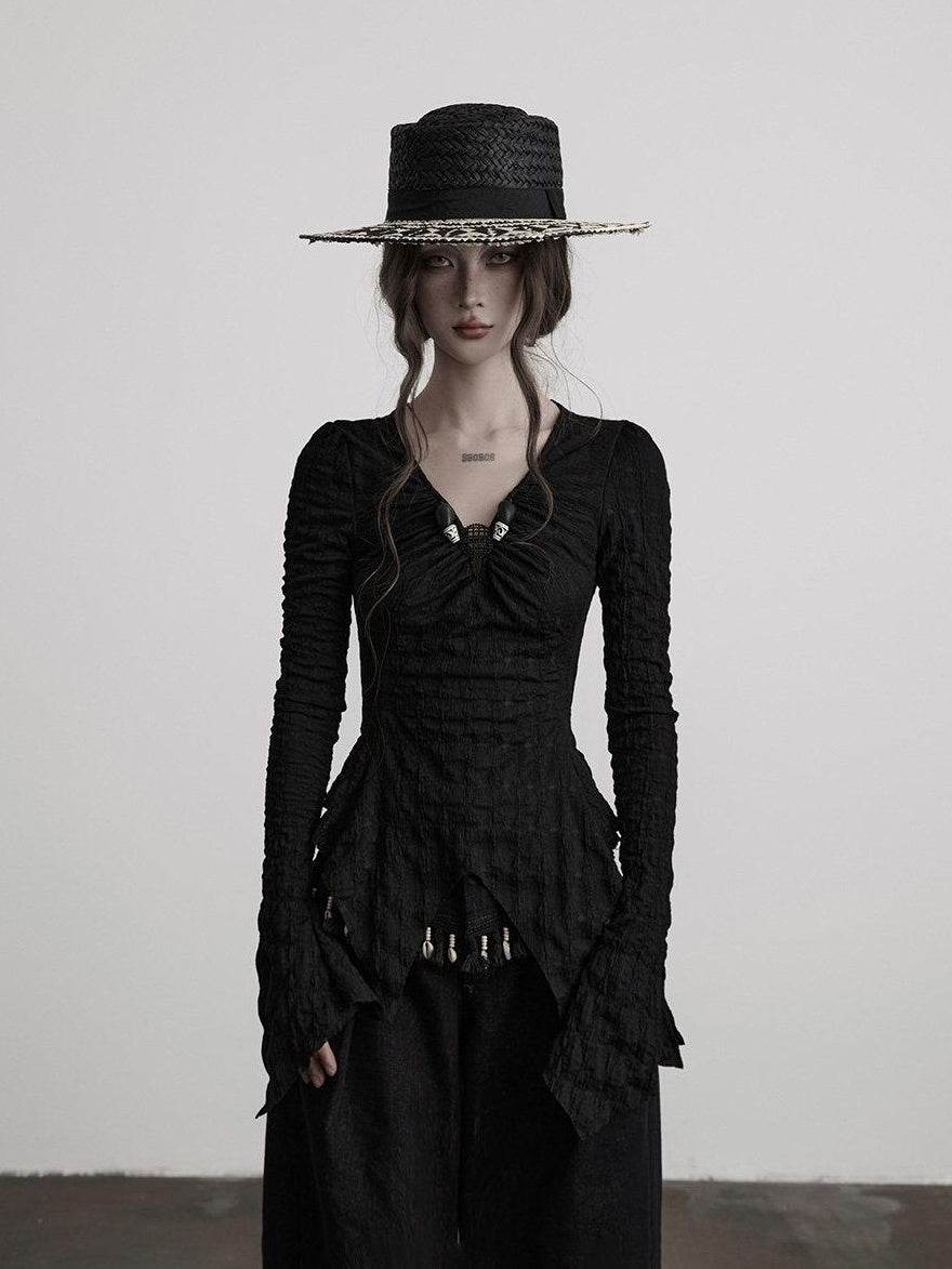 INDULGE Breathable Casual Slim Pleated V-neck Women Black Polyester Long Sleeve T-Shirts