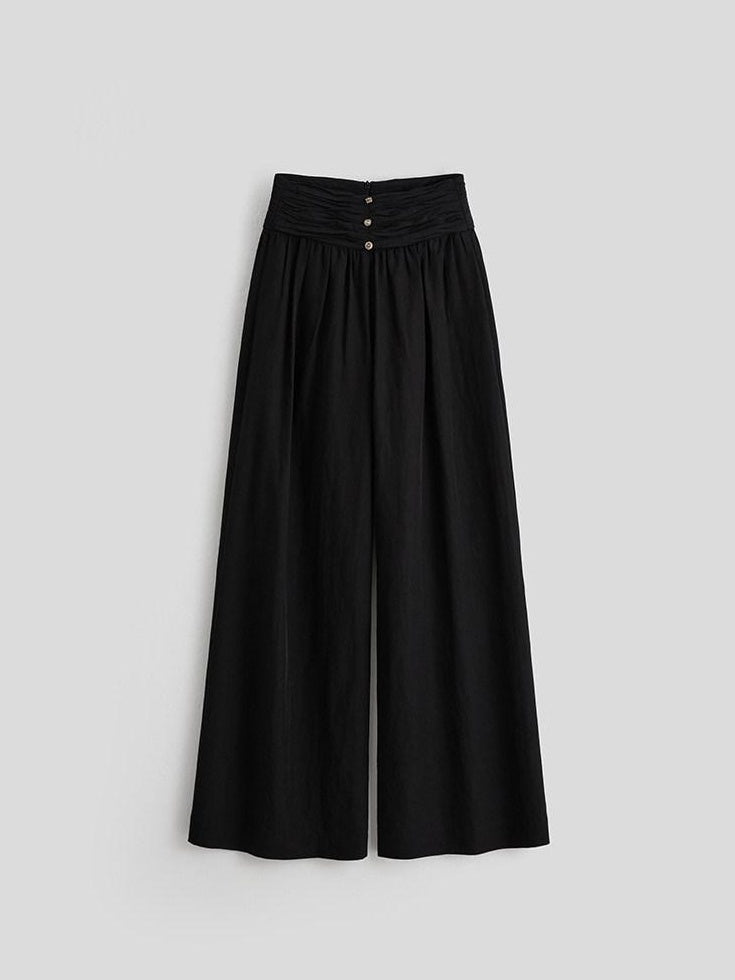 INDULGE Breathable Cotton Linen Zipper Pockets Natural Waist Casual Women Wide-Leg Pants