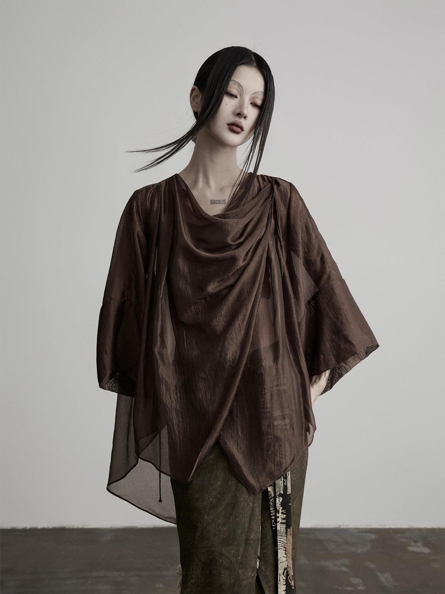 INDULGE Brown Asymmetric Draped Neck Butterfly Sleeves Women&