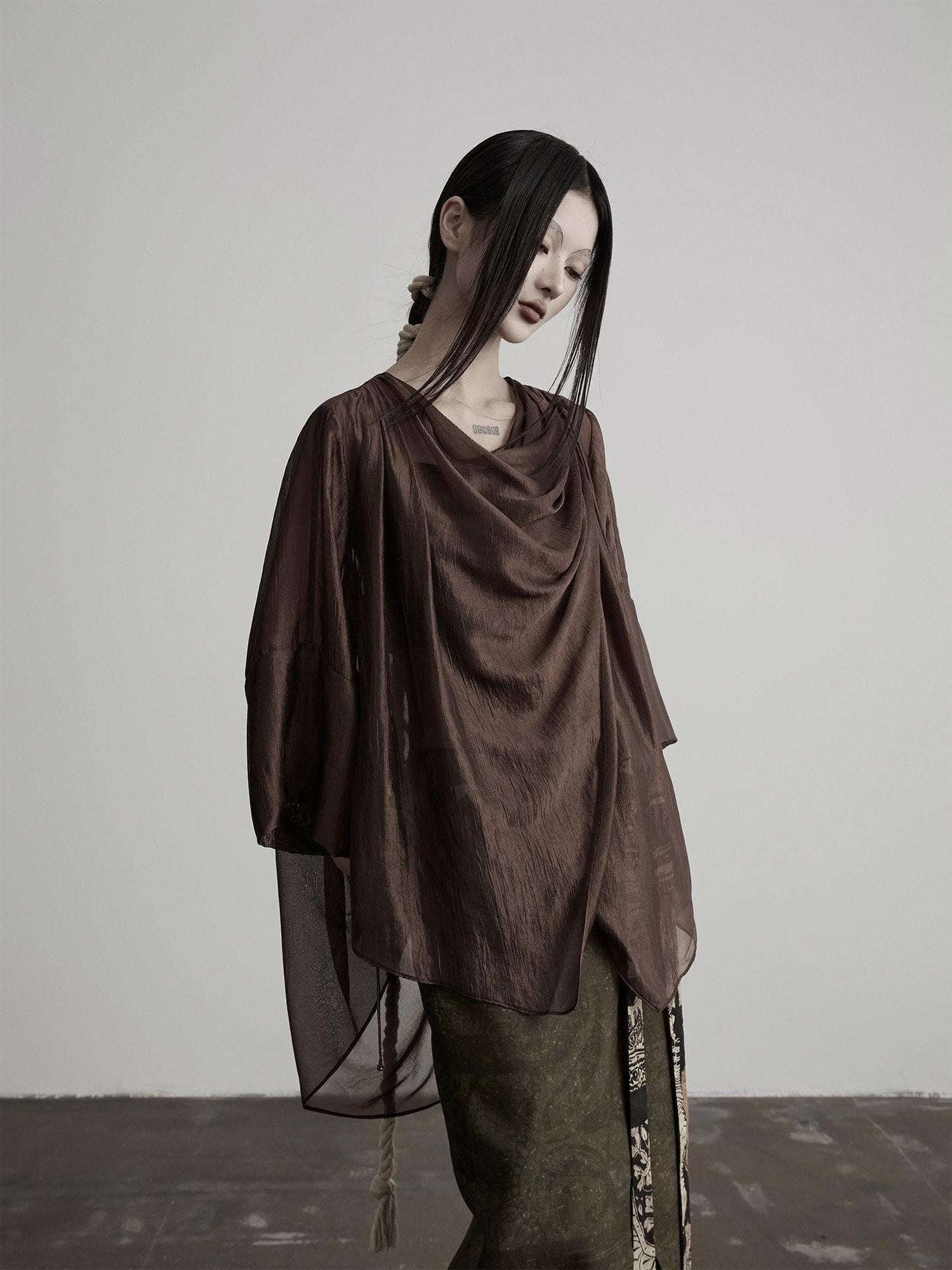 INDULGE Brown Asymmetric Draped Neck Butterfly Sleeves Women&