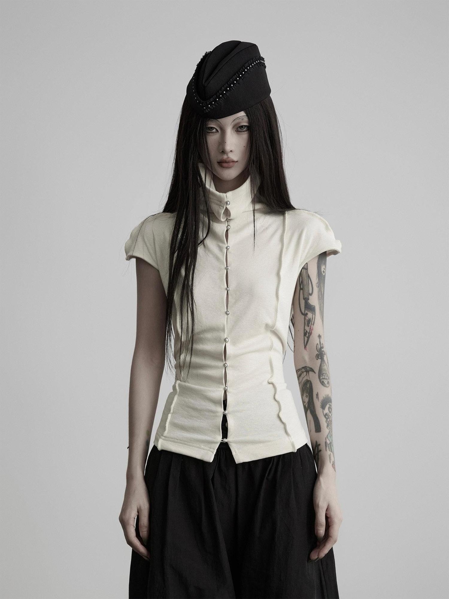 INDULGE Buttoned Knit High Neck Pleated Waist Women&