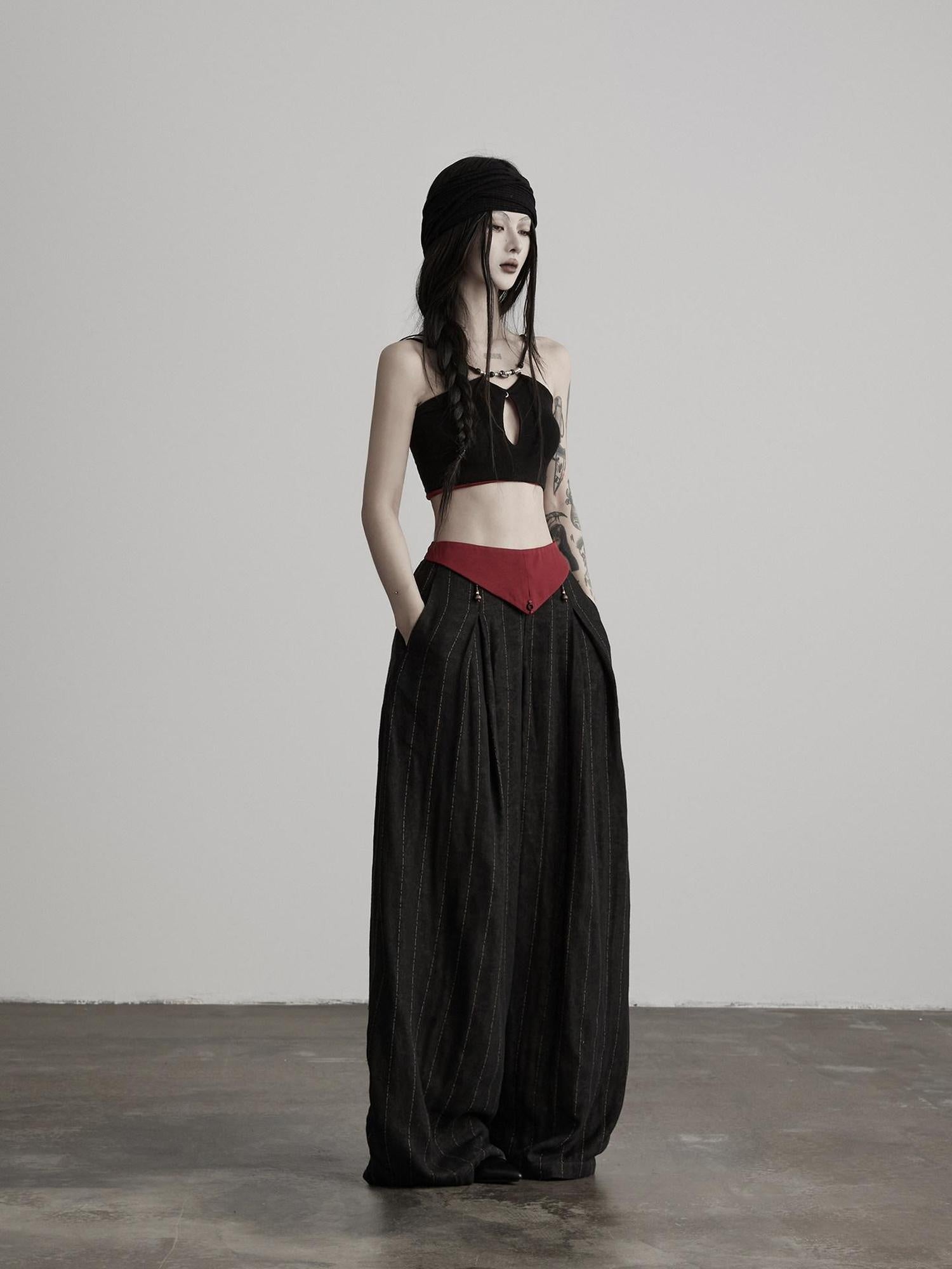 INDULGE Comfortable Striped Patchwork Pockets Women Cotton Elastic Waist Wide-Leg Pants