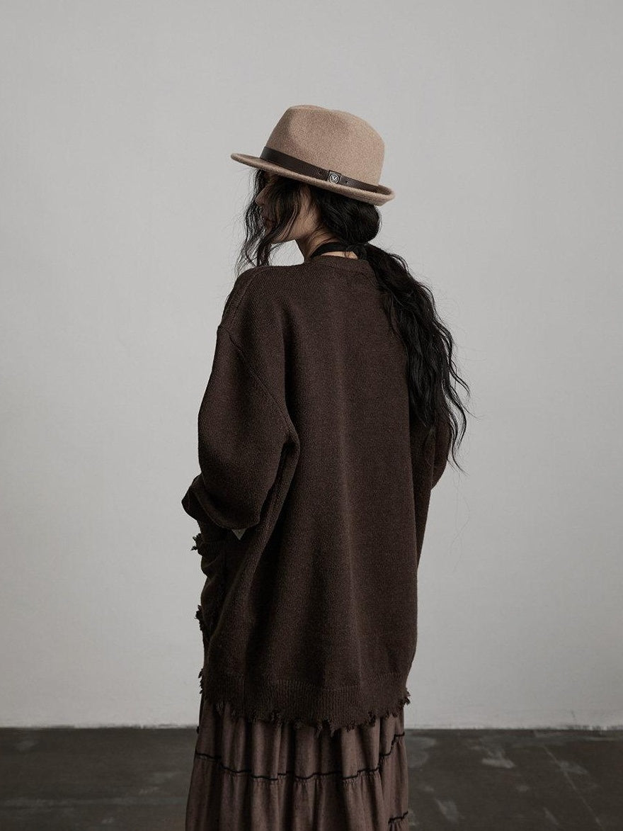 INDULGE Cozy Kangaroo Pocket Street Loose Fit V-neck Brown Knit Women Cardigans