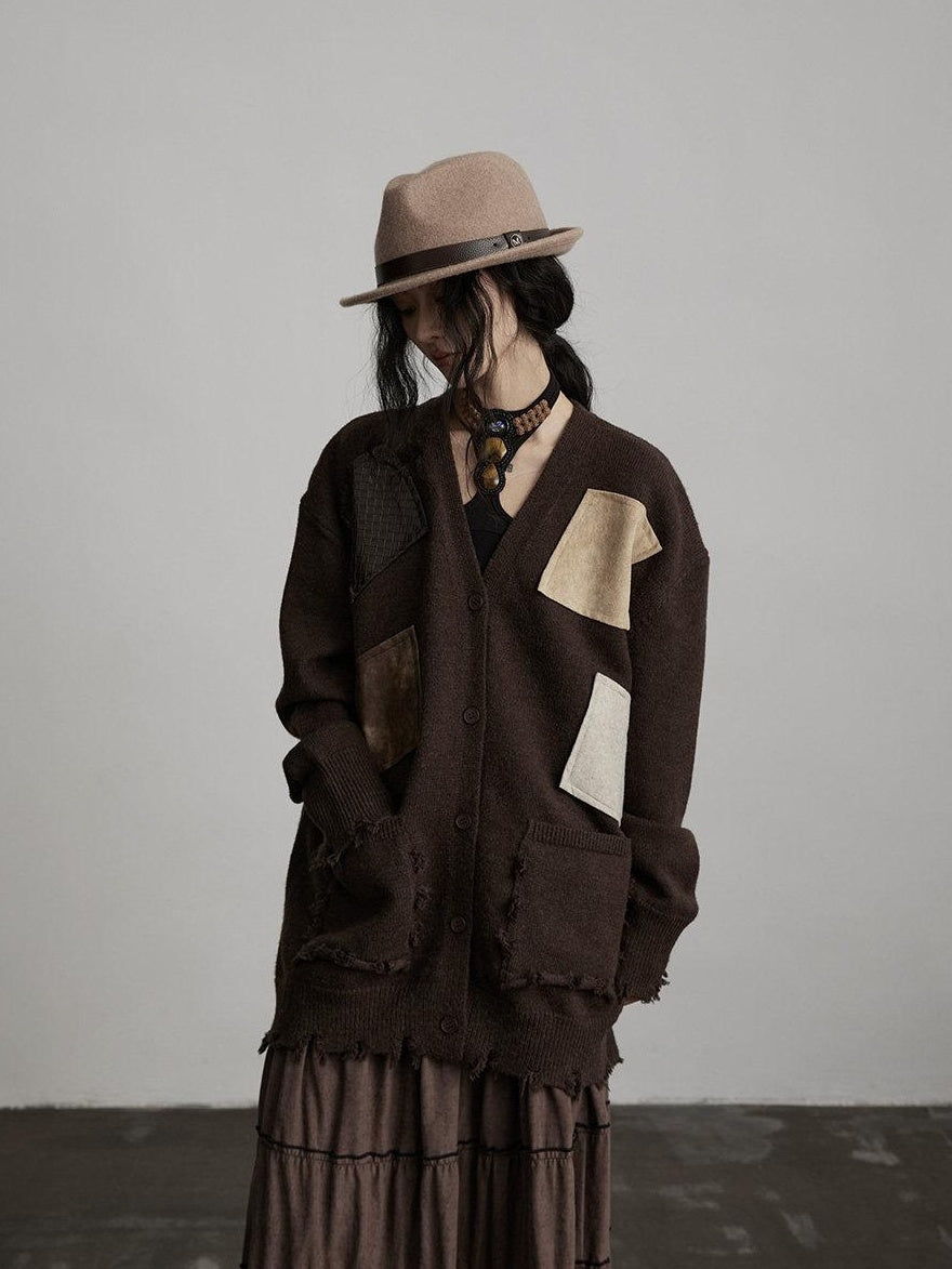INDULGE Cozy Kangaroo Pocket Street Loose Fit V-neck Brown Knit Women Cardigans
