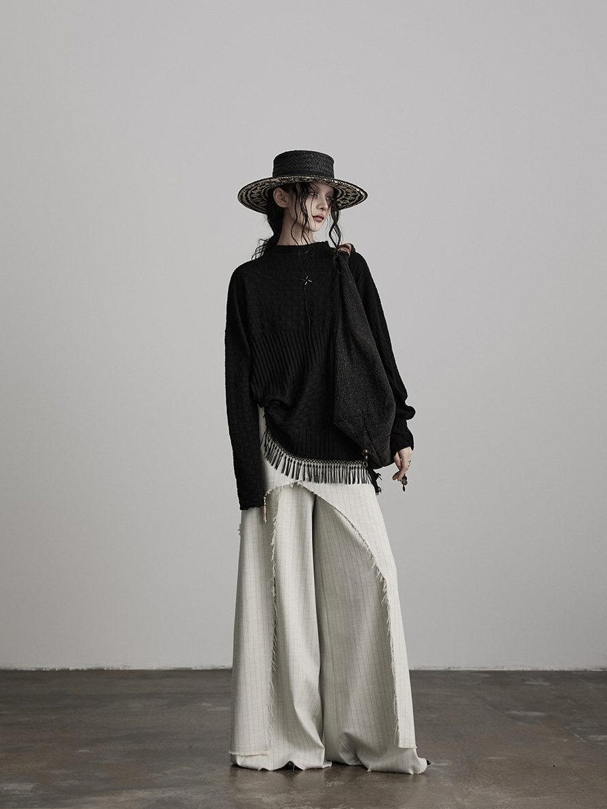INDULGE Cozy Knit Tassel Sweet Oversized Pullover Solid Black Long Sleeve T-Shirts