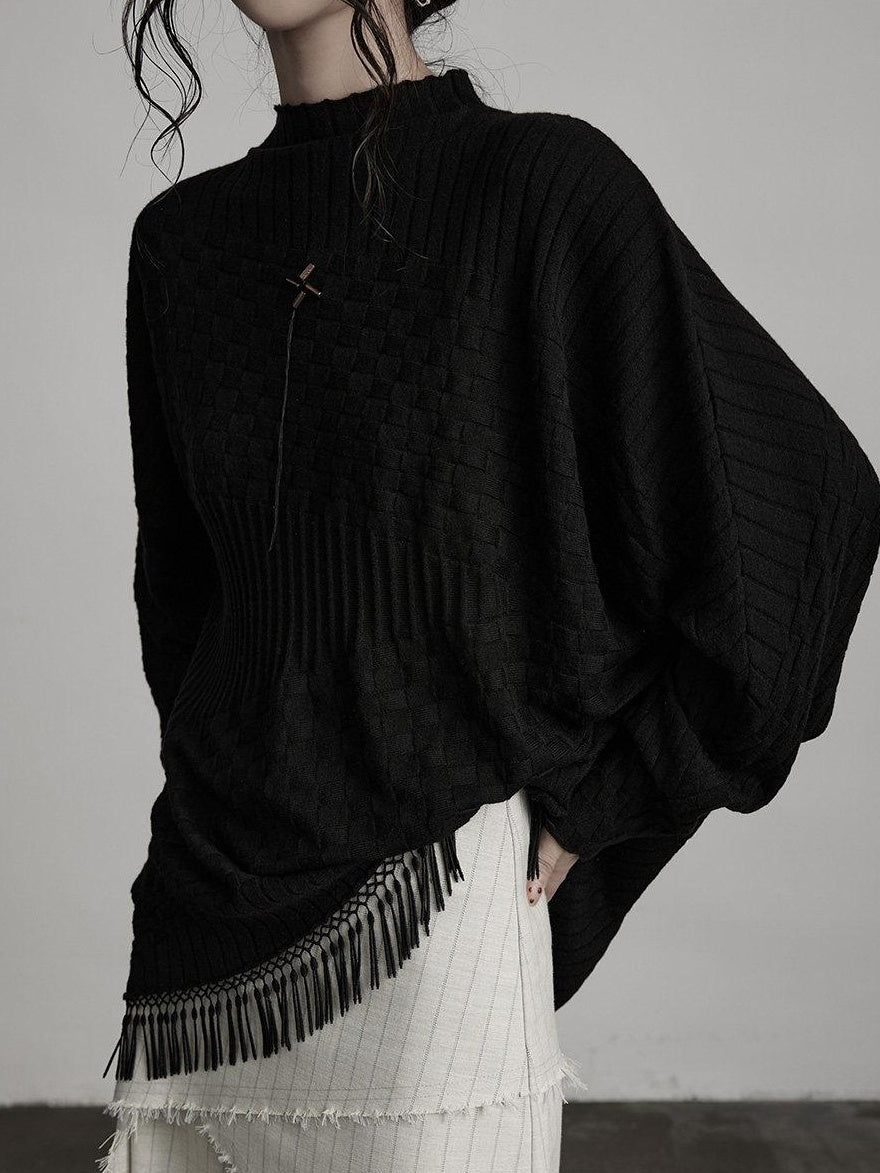 INDULGE Cozy Knit Tassel Sweet Oversized Pullover Solid Black Long Sleeve T-Shirts