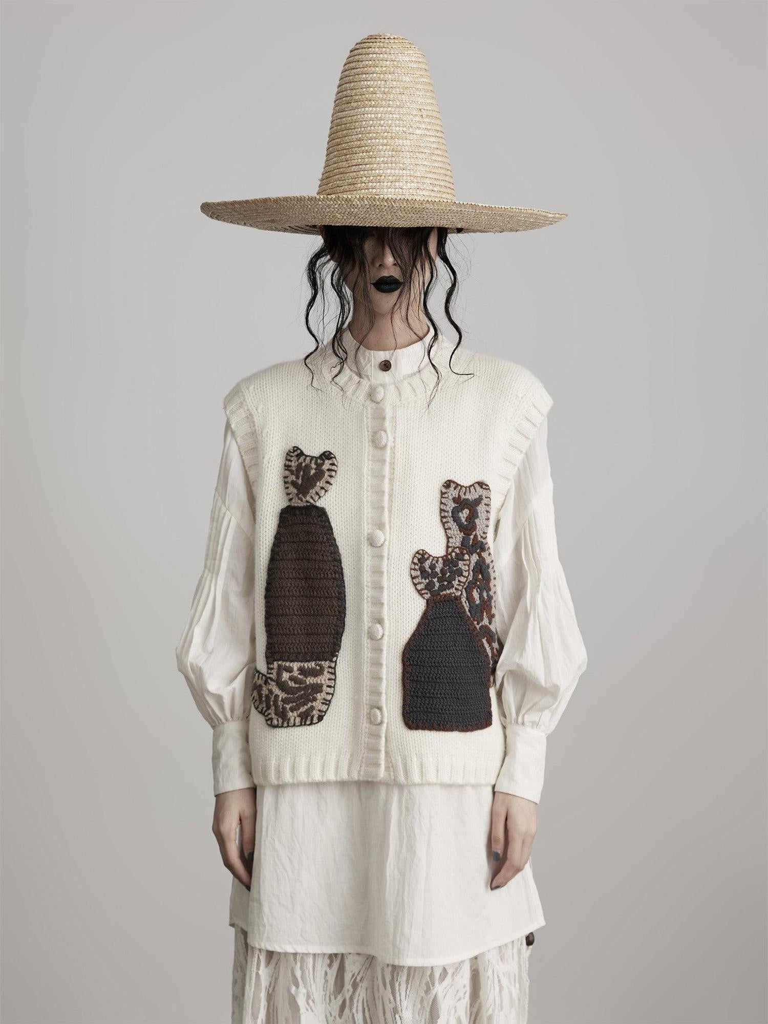INDULGE Cute Animal Sleeveless Loose Knit Commuter Crew Neck White Cardigans