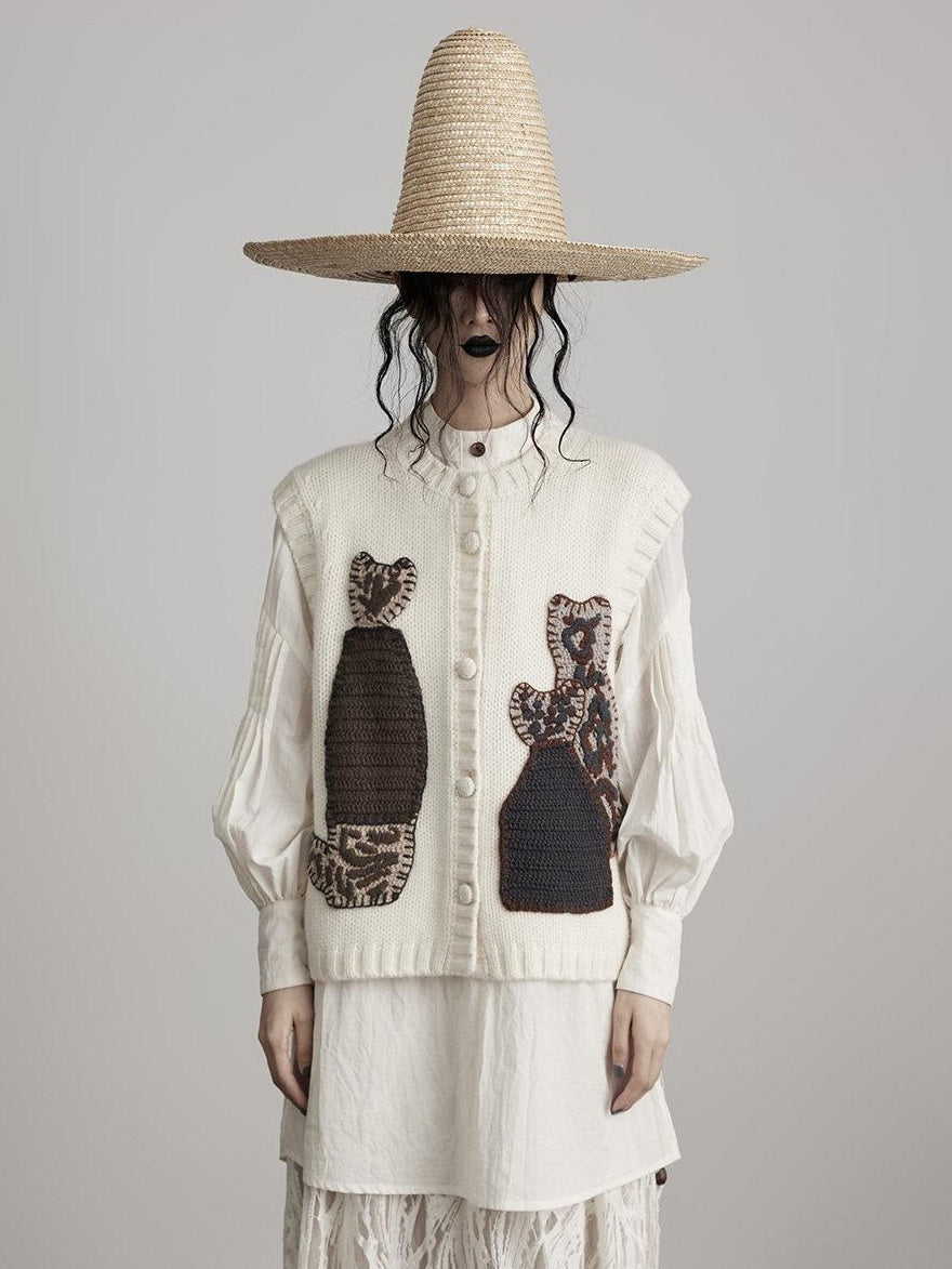 INDULGE Cute Animal Sleeveless Loose Knit Commuter Crew Neck White Cardigans