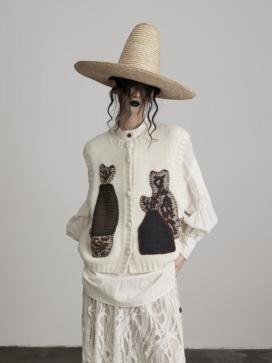 INDULGE Cute Animal Sleeveless Loose Knit Commuter Crew Neck White Cardigans