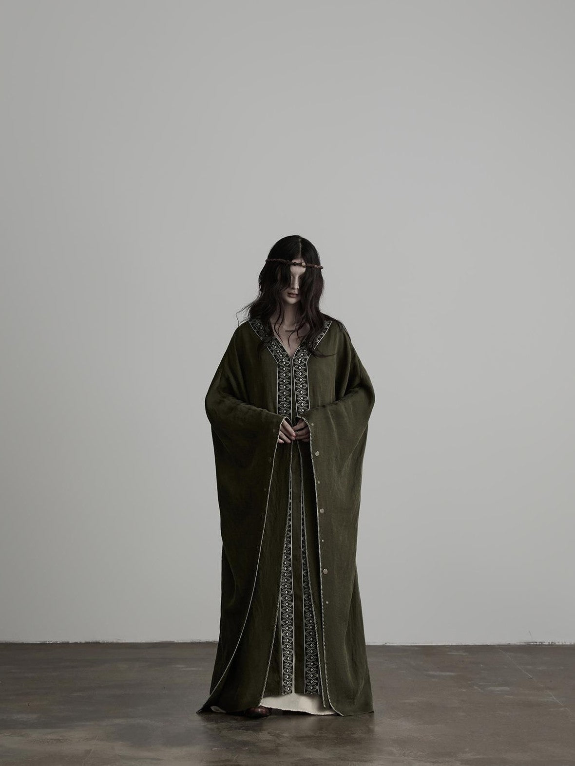 INDULGE Dark Forest Green Embroidered Detachable Hood Long Women&