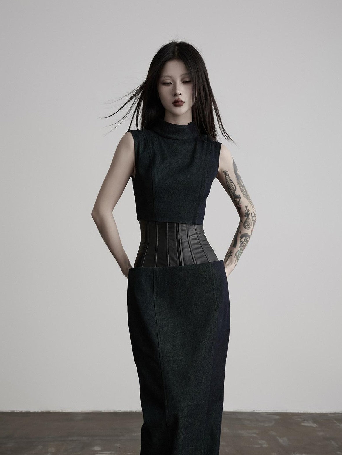 INDULGE Dark Green Layered 3d Spliced Low Waist Slim Lyocell Women&