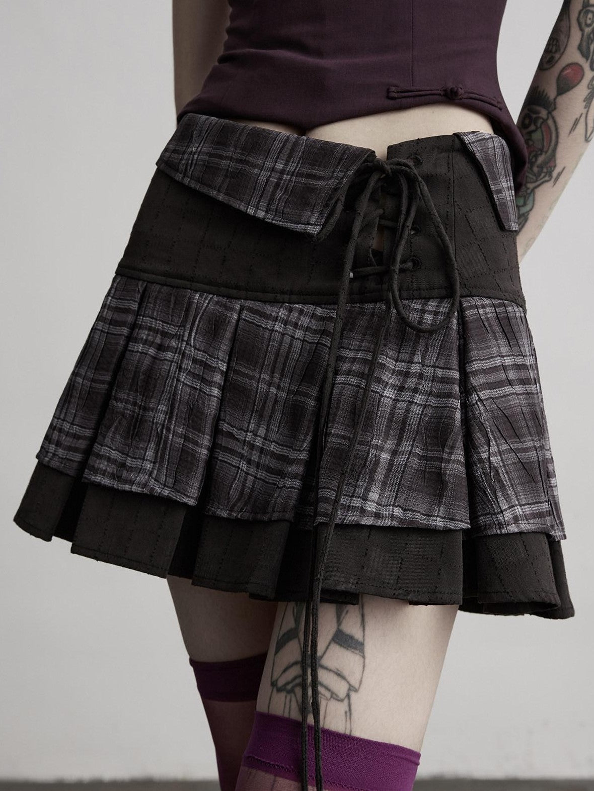 INDULGE Dark Plaid Tie Waist Folded Layer A Line Women&
