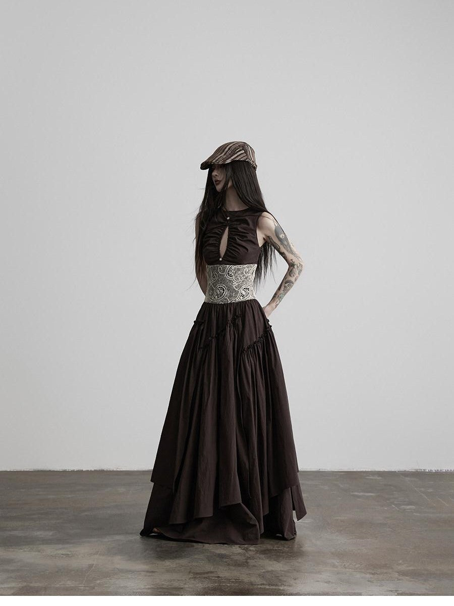 INDULGE Deep Brown Cutout Lace Spliced Cinched Waist Women&