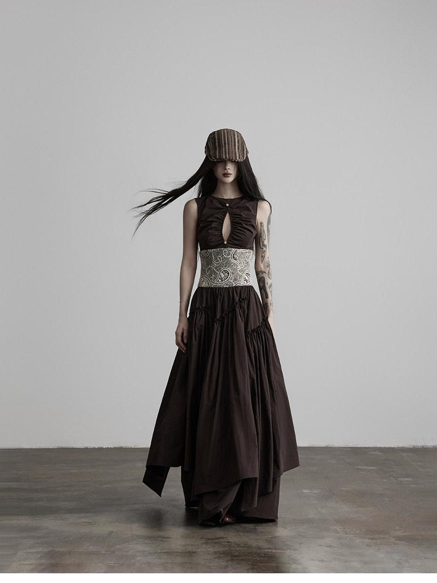 INDULGE Deep Brown Cutout Lace Spliced Cinched Waist Women&