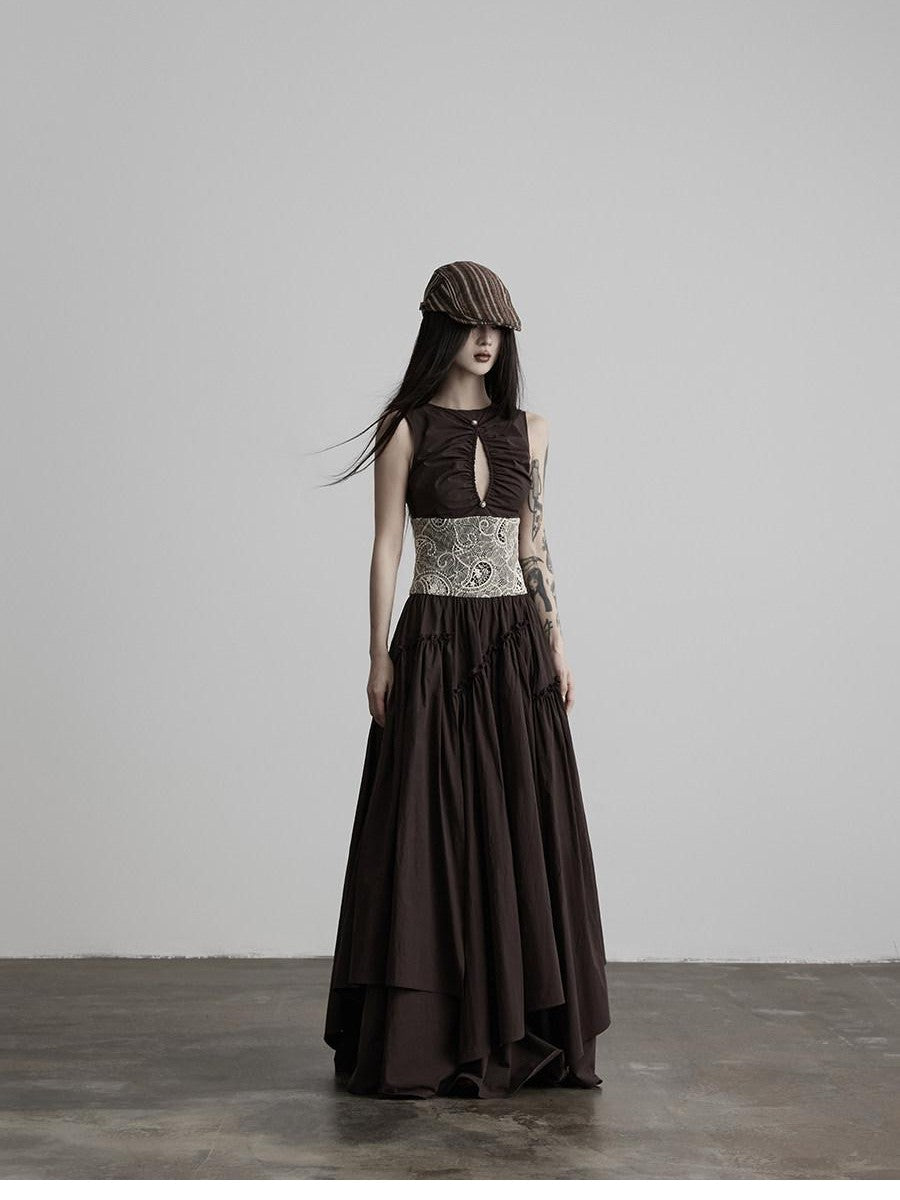 INDULGE Deep Brown Cutout Lace Spliced Cinched Waist Women&