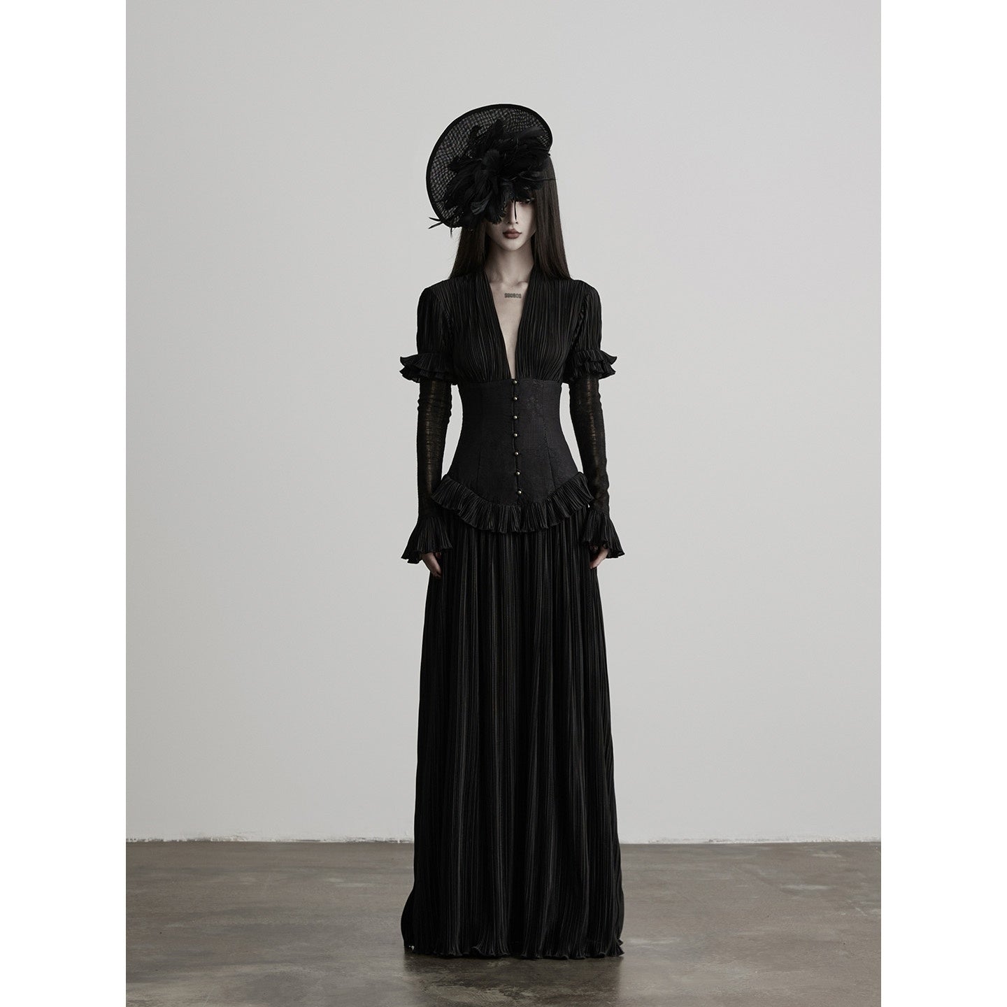 INDULGE_Deep_V_Pleated_Spliced_Waist_Long_Sleeve_Women&