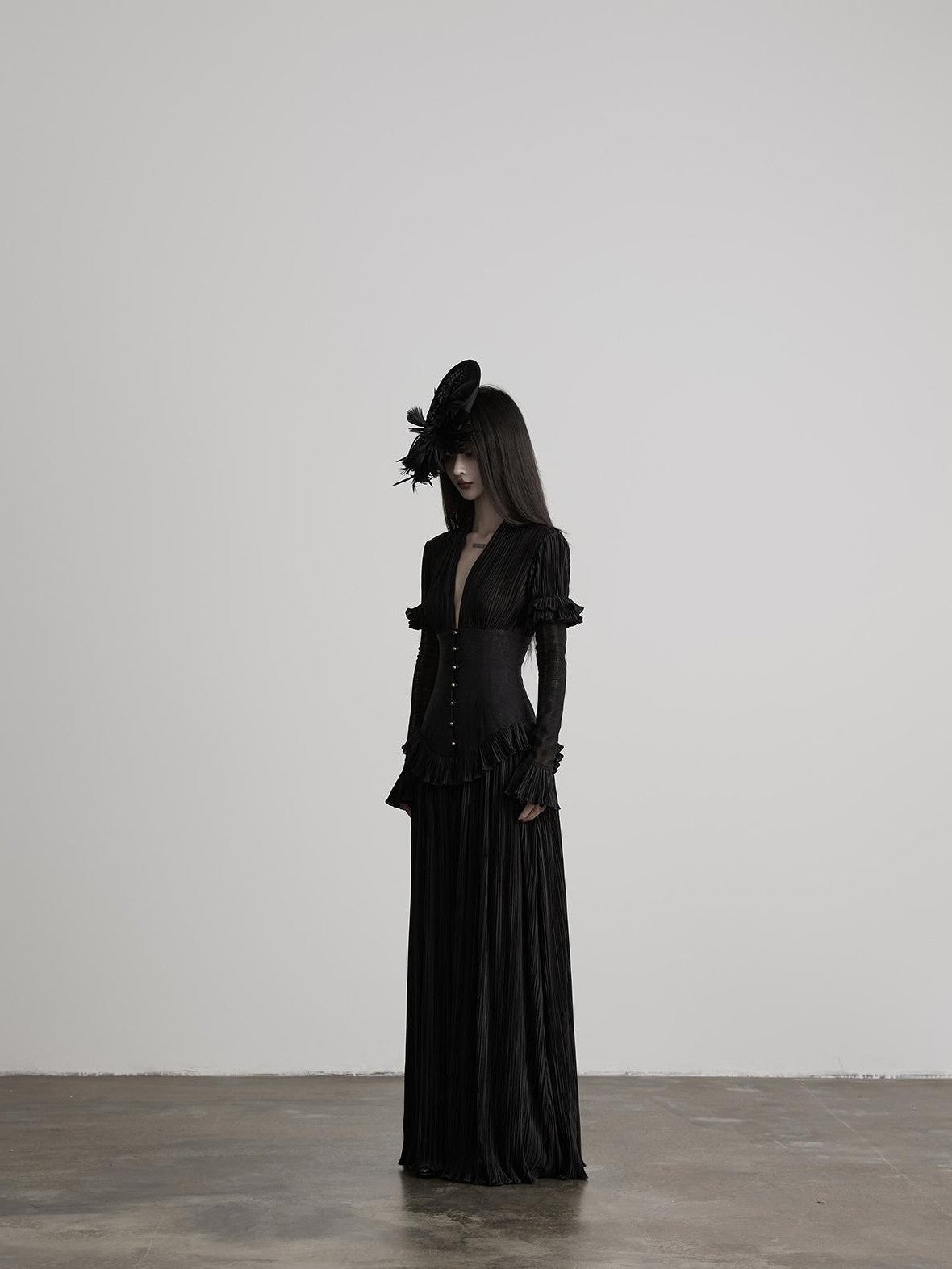 INDULGE Deep V Pleated Spliced Waist Long Sleeve Women&