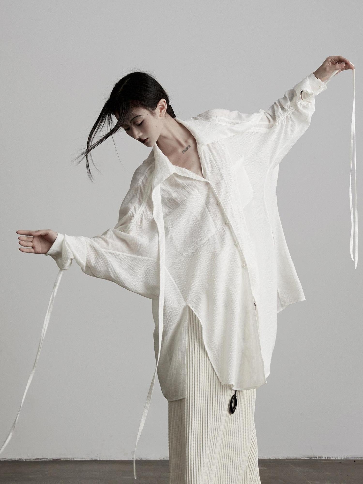 INDULGE Durable Casual Loose Fit Ribbon Tie Nylon Women Long Sleeve Oversized Shirts