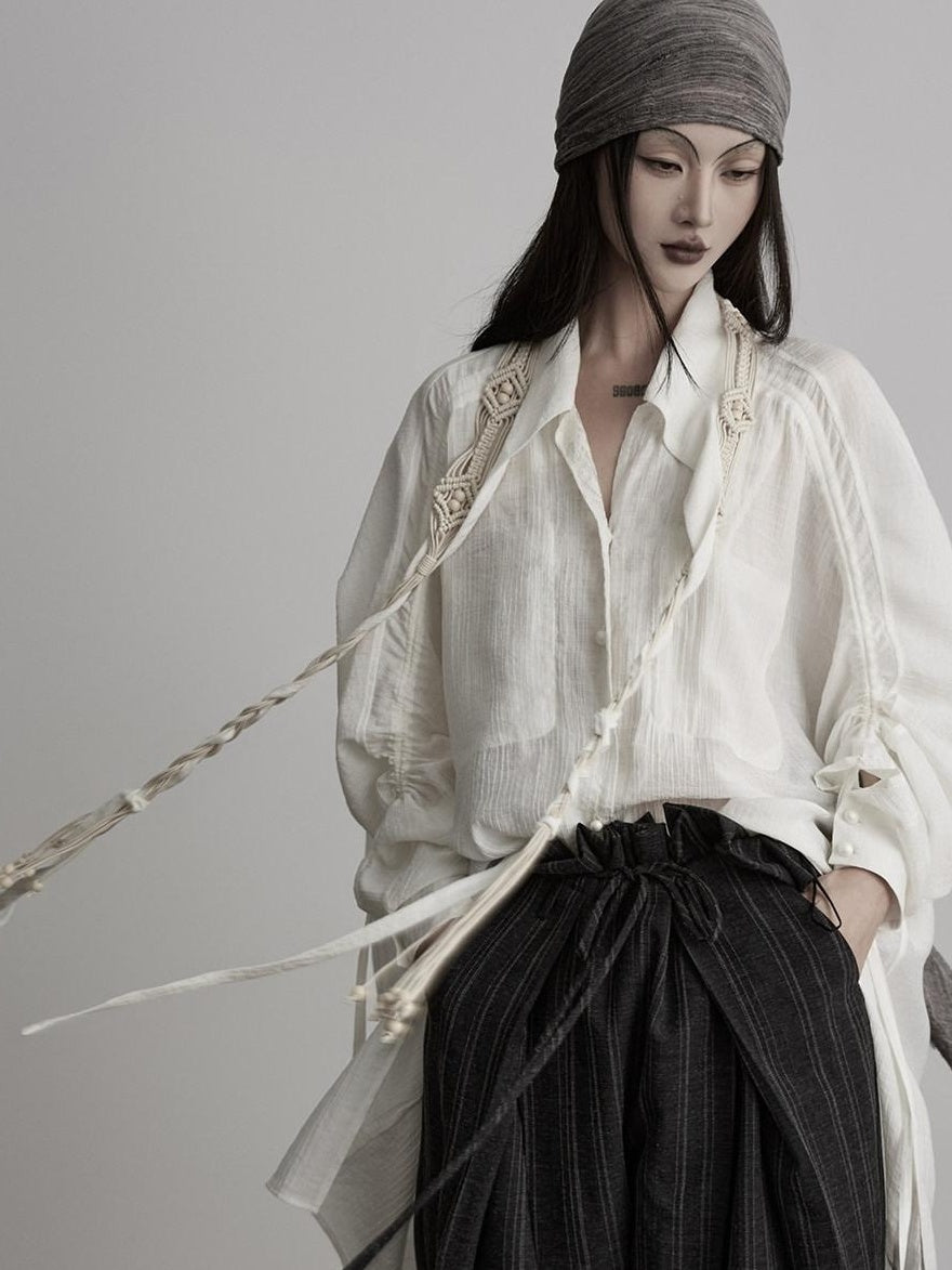 INDULGE Durable Casual Loose Fit Ribbon Tie Nylon Women Long Sleeve Oversized Shirts