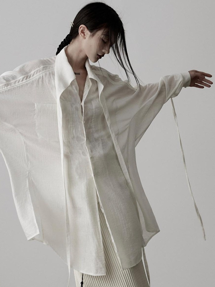 INDULGE Durable Casual Loose Fit Ribbon Tie Nylon Women Long Sleeve Oversized Shirts