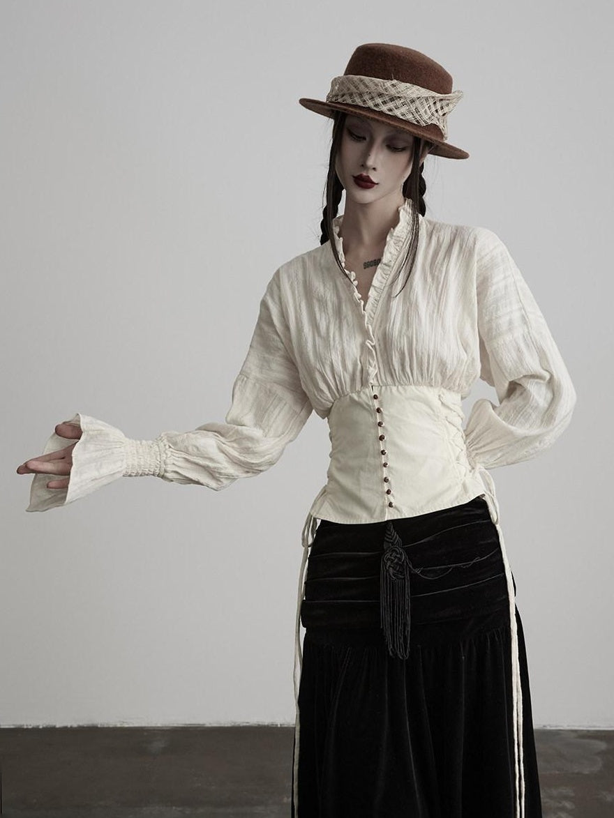 INDULGE Durable Cotton Linen Fitted Patchwork V-neck Button Women Puff-Sleeve Blouses