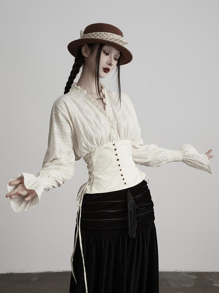 INDULGE Durable Cotton Linen Fitted Patchwork V-neck Button Women Puff-Sleeve Blouses