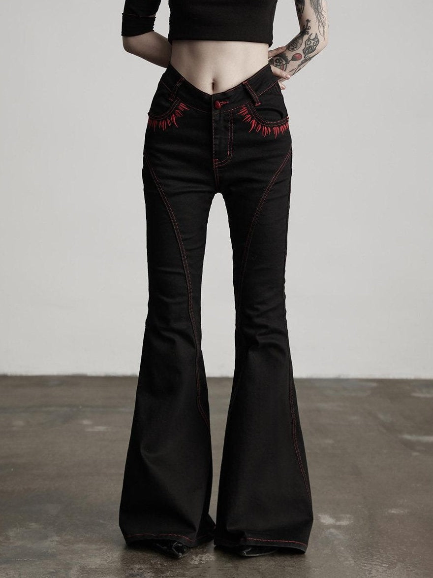 INDULGE Durable Embroidered Casual Low Rise Slim Fit Black Micro Stretch Flare Jeans