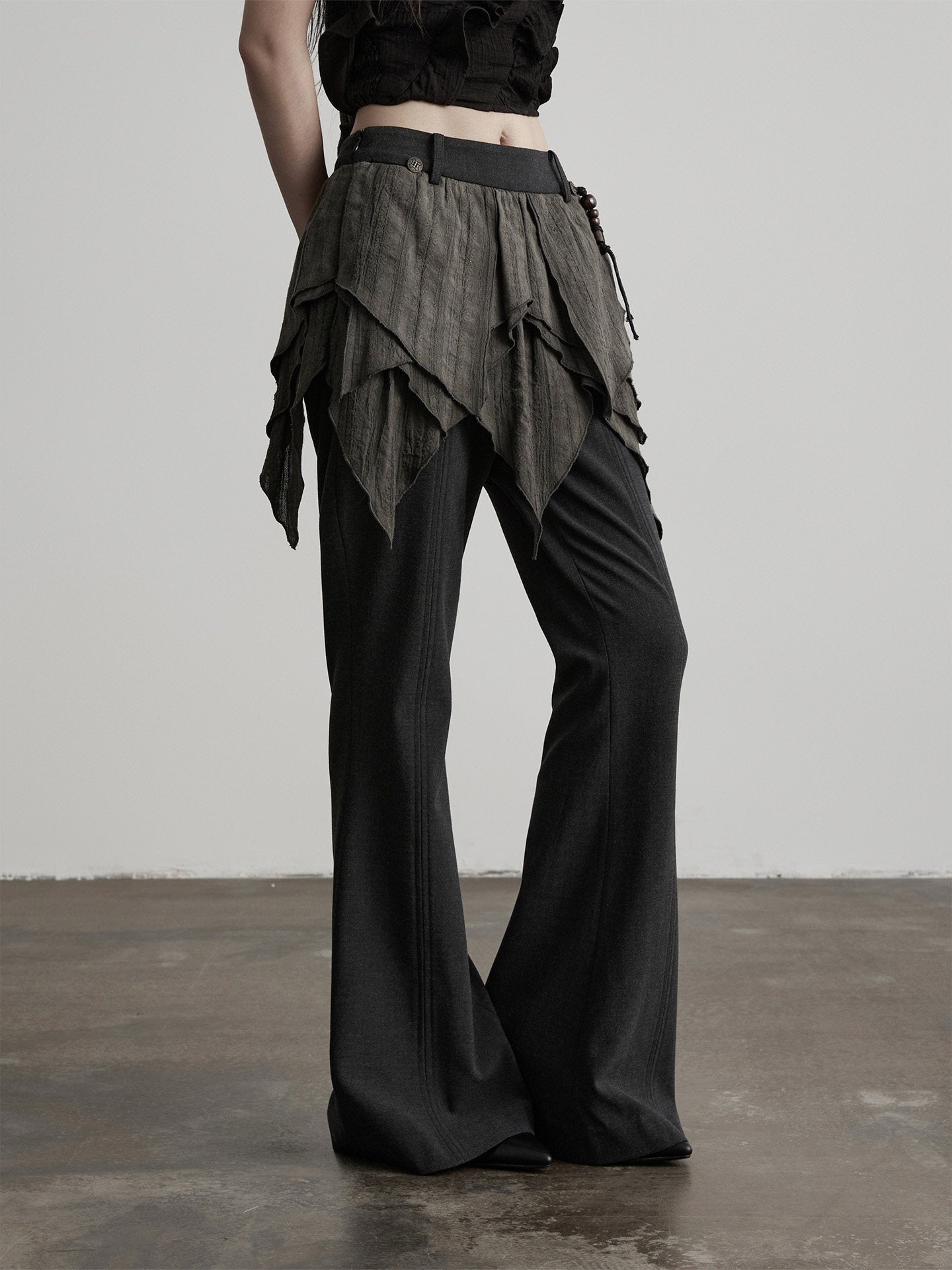 INDULGE_Durable_Gothic_Patchwork_Natural_Waist_Solid_Deep_Gray_Womens_Flare_Pants_MISSTT