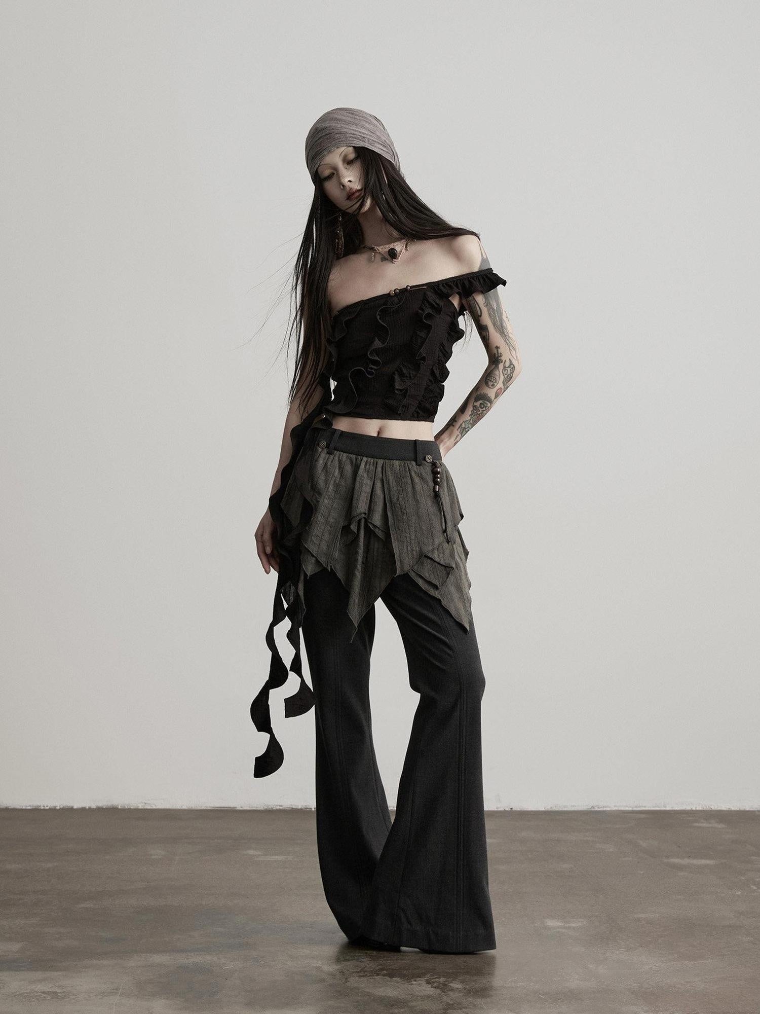 INDULGE Durable Gothic Patchwork Natural Waist Solid Deep Gray Womens Flare Pants