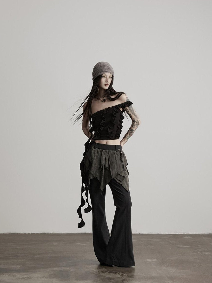 INDULGE Durable Gothic Patchwork Natural Waist Solid Deep Gray Womens Flare Pants