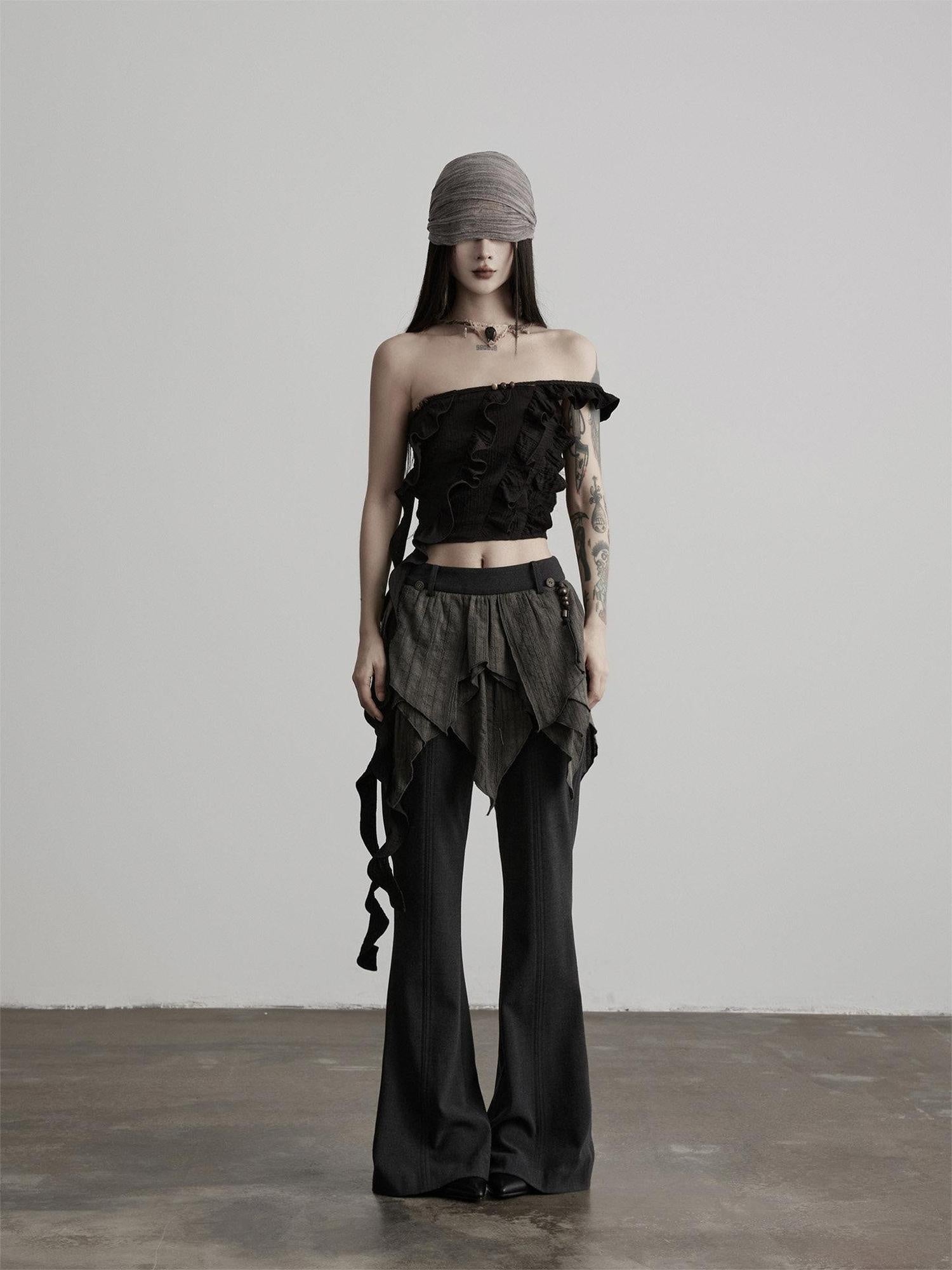 INDULGE Durable Gothic Patchwork Natural Waist Solid Deep Gray Womens Flare Pants