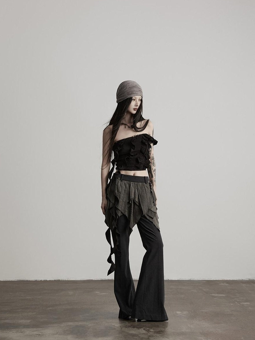 INDULGE Durable Gothic Patchwork Natural Waist Solid Deep Gray Womens Flare Pants