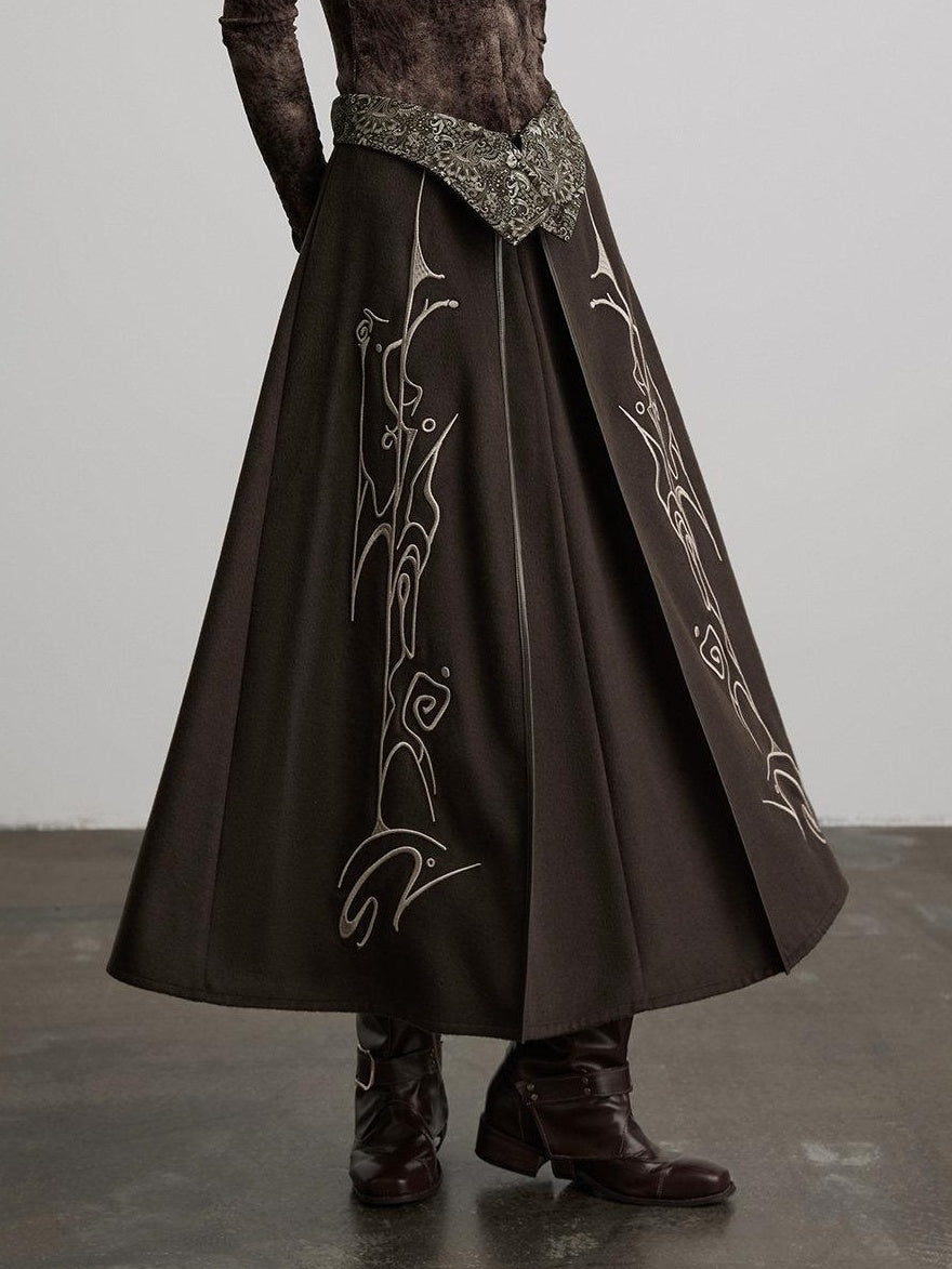 INDULGE Durable Lined Embroidered A Line Wool Blend Mid Waist Casual Brown Maxi Skirts