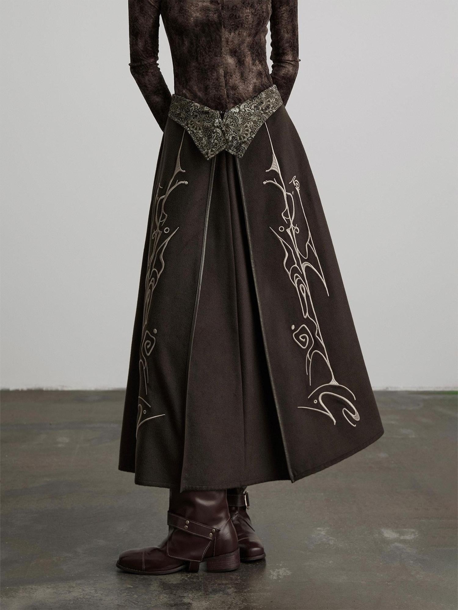 INDULGE Durable Lined Embroidered A Line Wool Blend Mid Waist Casual Brown Maxi Skirts