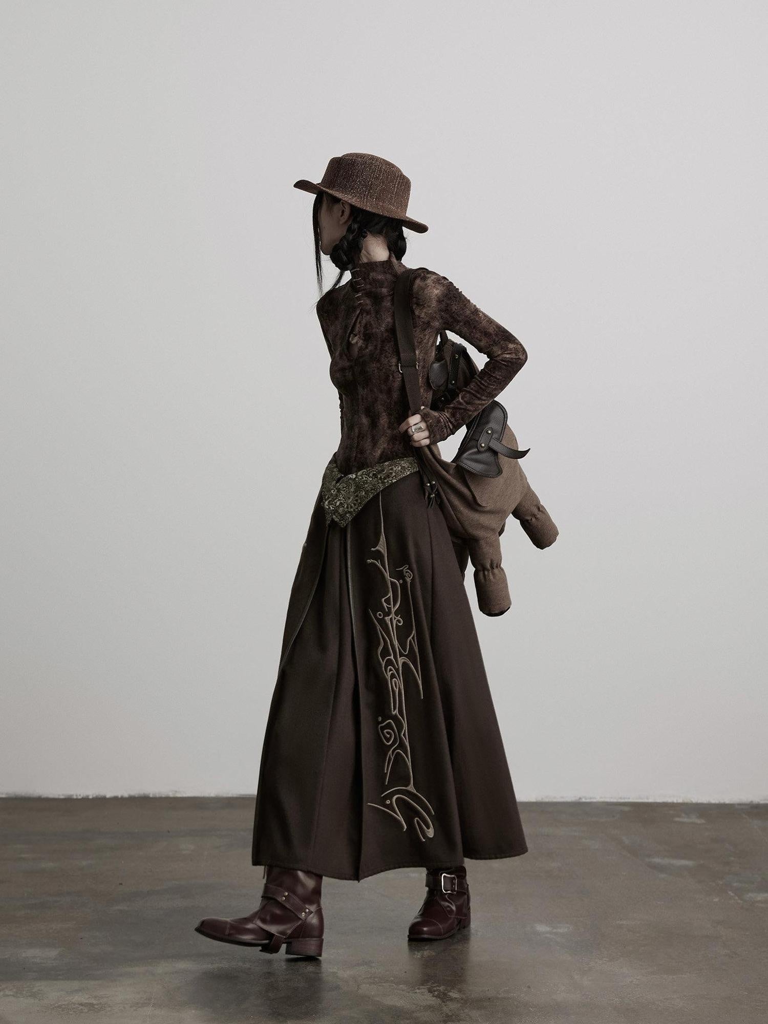INDULGE Durable Lined Embroidered A Line Wool Blend Mid Waist Casual Brown Maxi Skirts