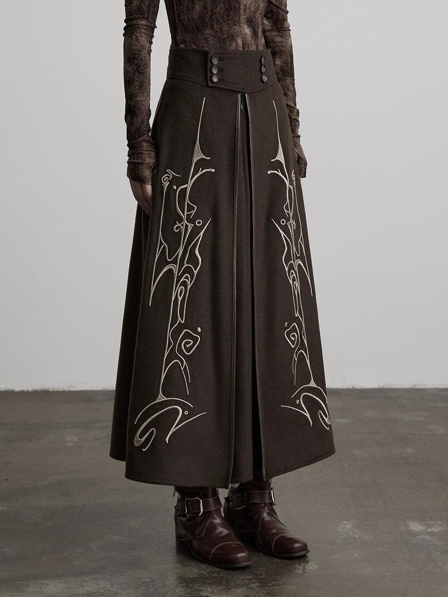 INDULGE Durable Lined Embroidered A Line Wool Blend Mid Waist Casual Brown Maxi Skirts