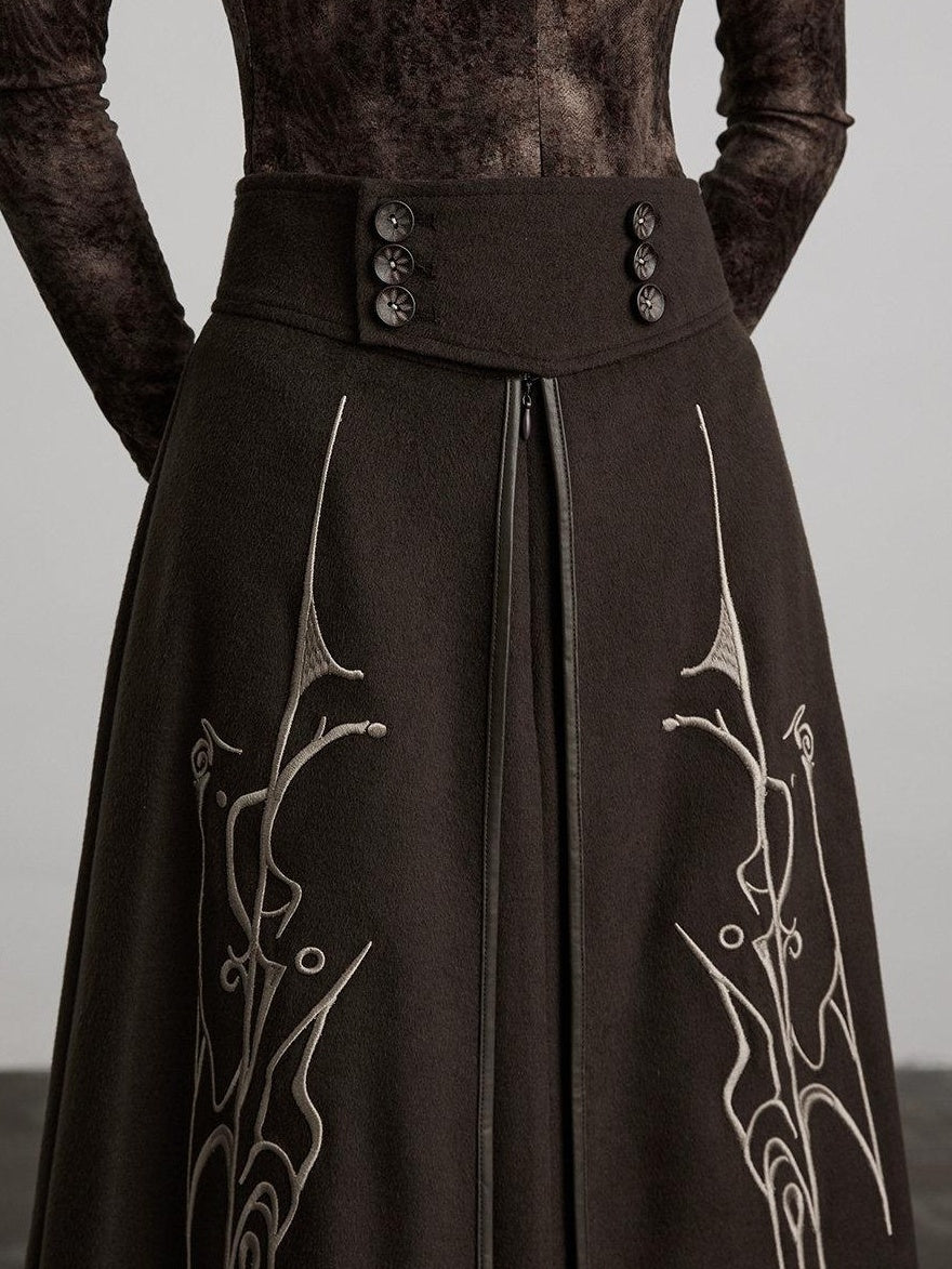 INDULGE Durable Lined Embroidered A Line Wool Blend Mid Waist Casual Brown Maxi Skirts