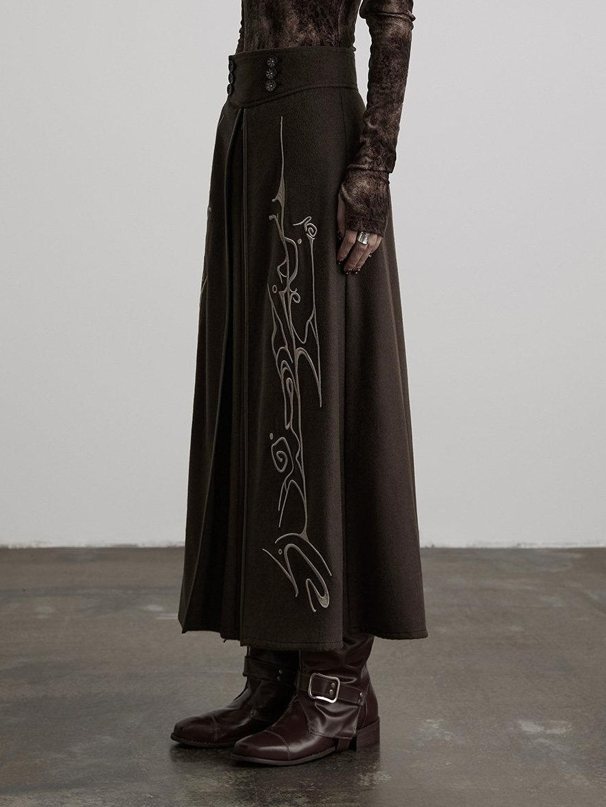 INDULGE Durable Lined Embroidered A Line Wool Blend Mid Waist Casual Brown Maxi Skirts