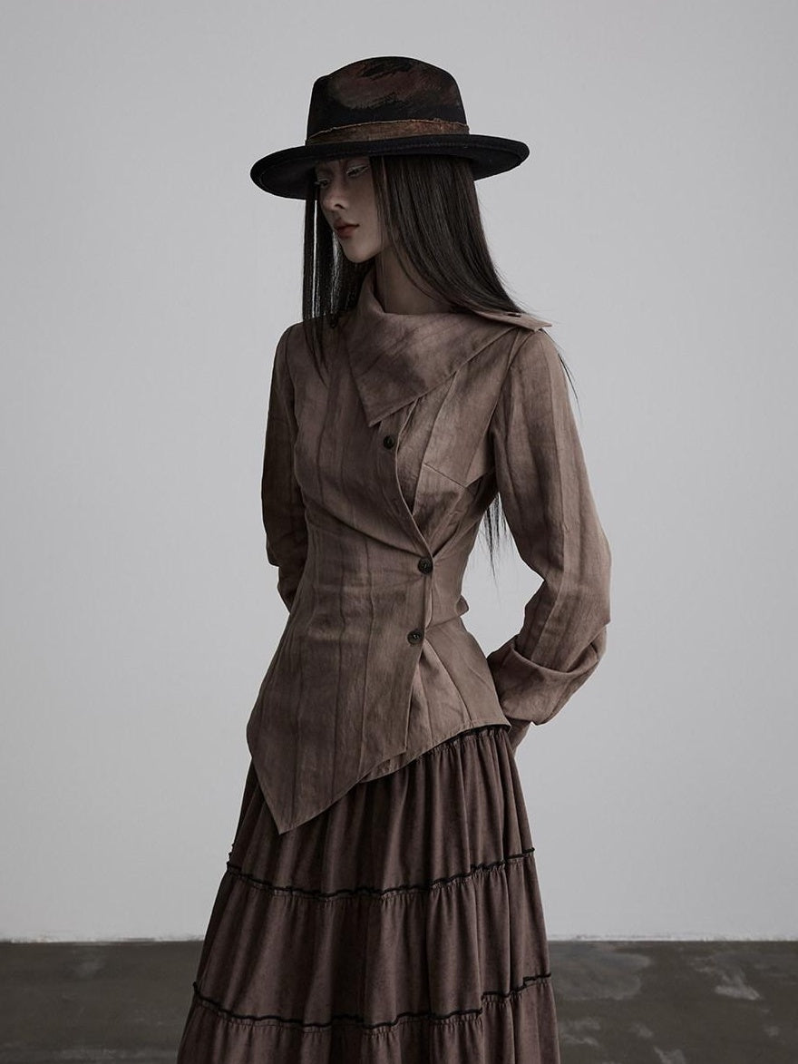 INDULGE Durable Lyocell Vintage Loose Distressed Dye Women Button Long Sleeve Blouses