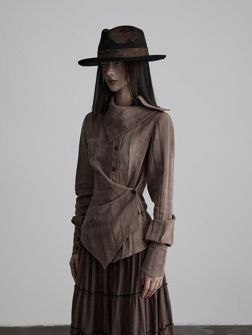 INDULGE Durable Lyocell Vintage Loose Distressed Dye Women Button Long Sleeve Blouses