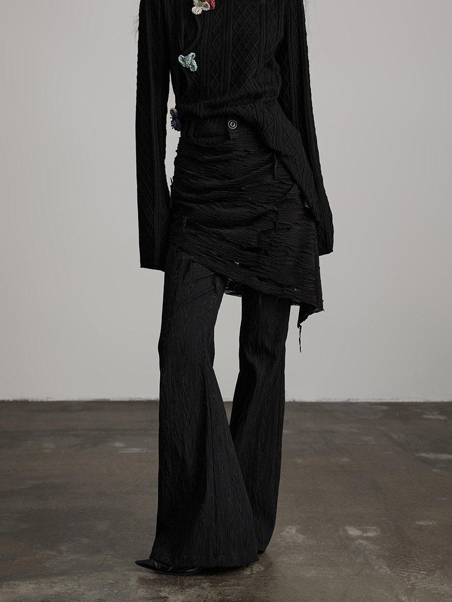 INDULGE Durable Nylon Blend Patchwork Flare Natural Waist Black Straight-Leg Pants