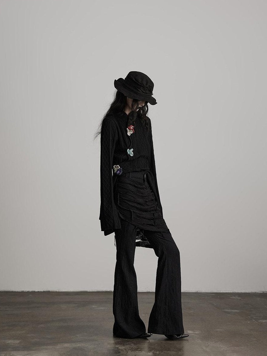 INDULGE Durable Nylon Blend Patchwork Flare Natural Waist Black Straight-Leg Pants